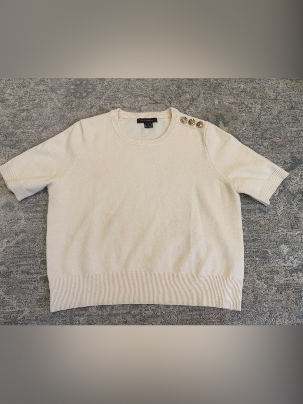 French Connection Cream Short-Sleeve Crew Sweater with Shoulder Buttons